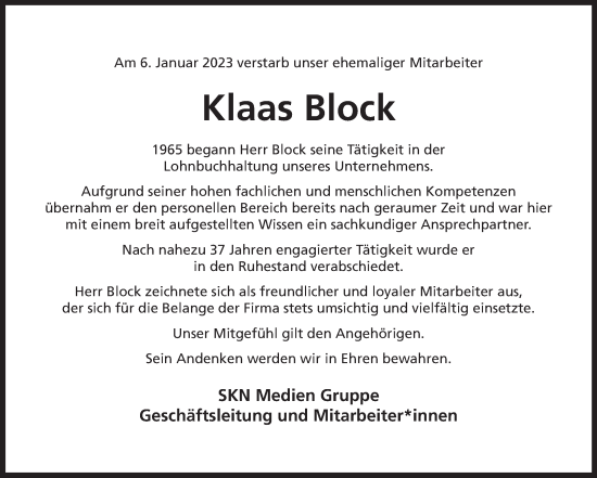 Traueranzeige von Klaas Block 