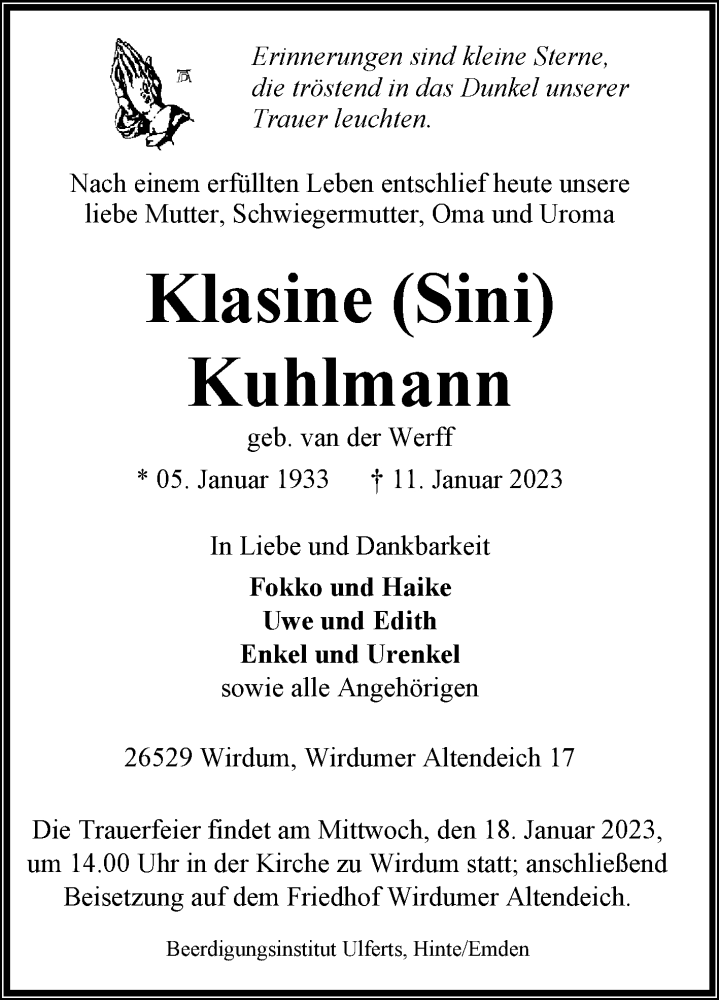  Traueranzeige für Klasine Kuhlmann vom 14.01.2023 aus 