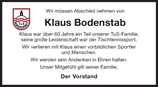 Traueranzeige von Klaus Bodenstab 
