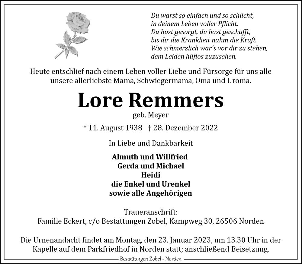  Traueranzeige für Lore Remmers vom 07.01.2023 aus 