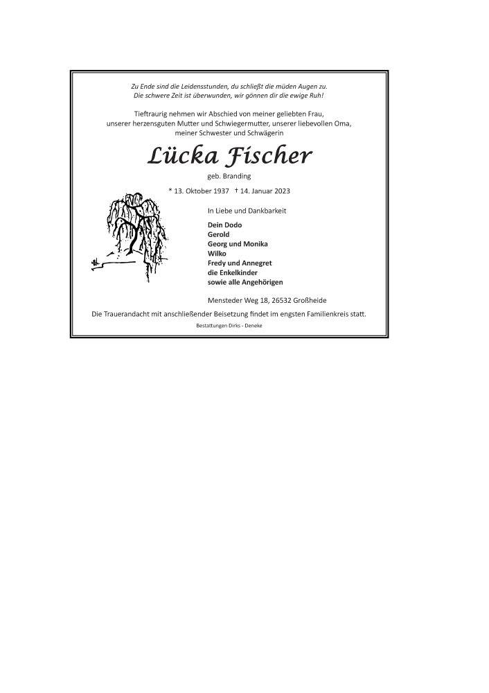  Traueranzeige für Lücka Fischer vom 16.01.2023 aus 