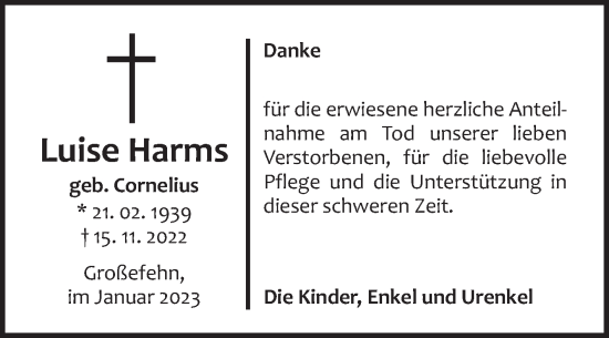 Traueranzeige von Luise Harms 