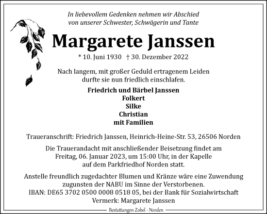 Traueranzeige von Margarete Janssen 