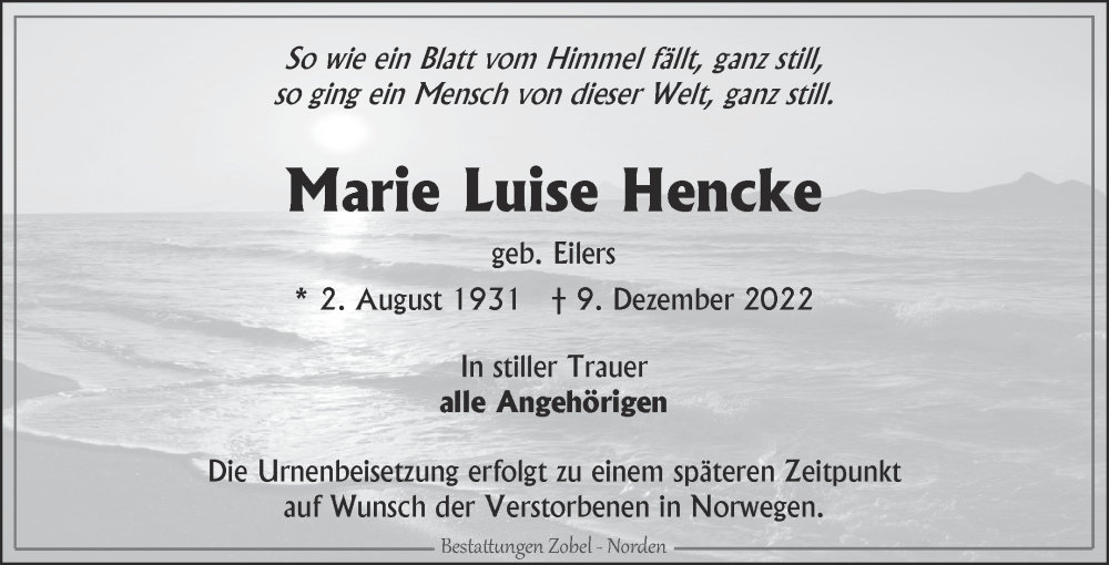  Traueranzeige für Marie Luise Hencke vom 07.01.2023 aus 