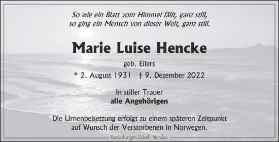 Traueranzeige von Marie Luise Hencke 