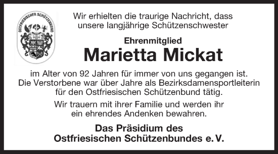 Traueranzeige von Marietta Mickat 