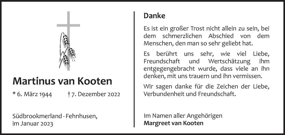  Traueranzeige für Martinus van Kooten vom 14.01.2023 aus 