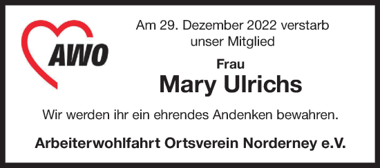 Traueranzeige von Mary Ulrichs 