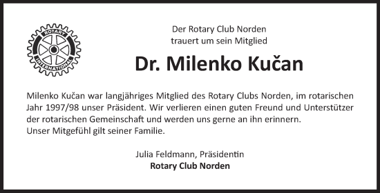 Traueranzeige von Milenko Kucan 