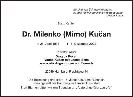Traueranzeige von Milenko Kucan 