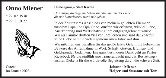 Traueranzeige von Onno Miener 