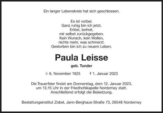 Traueranzeige von Paula Leisse 