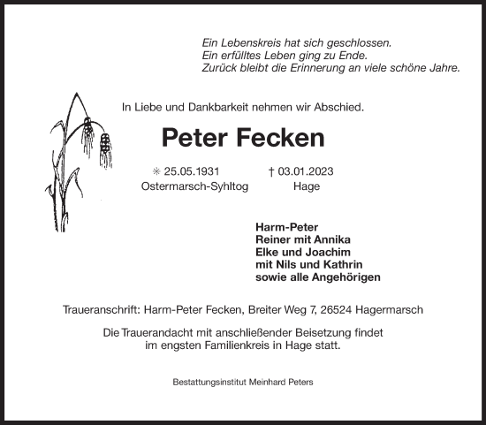 Traueranzeige von Peter Fecken 