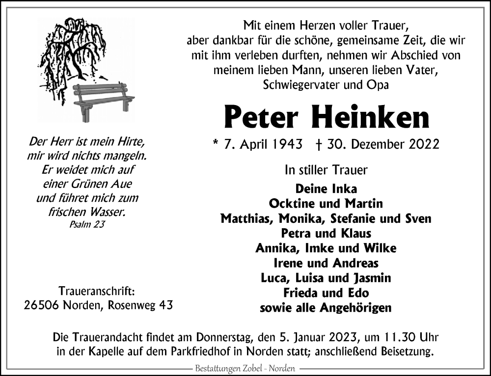  Traueranzeige für Peter Heinken vom 03.01.2023 aus 