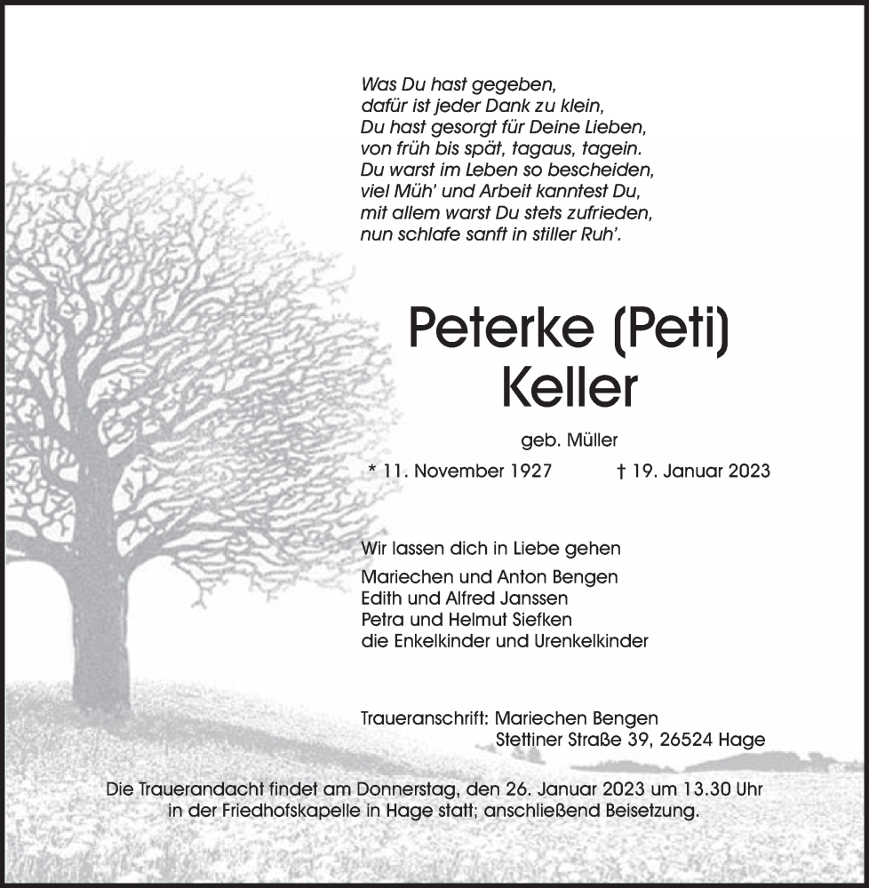  Traueranzeige für Peterke Keller vom 21.01.2023 aus 