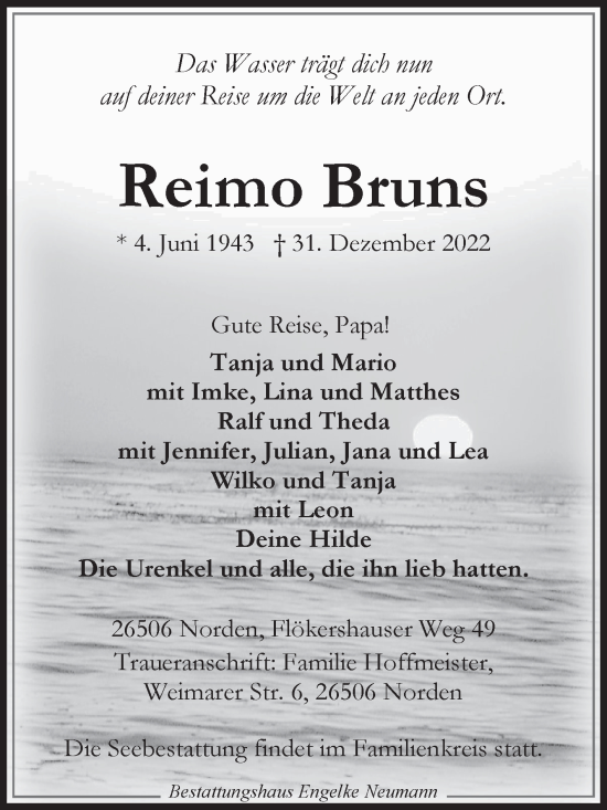 Traueranzeige von Reimo Bruns 