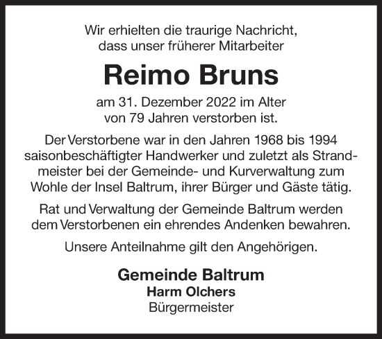 Traueranzeige von Reimo Bruns 
