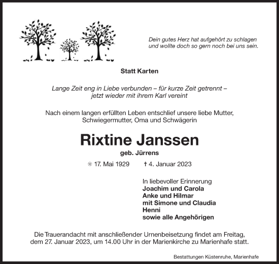 Traueranzeige von Rixtine Janssen 