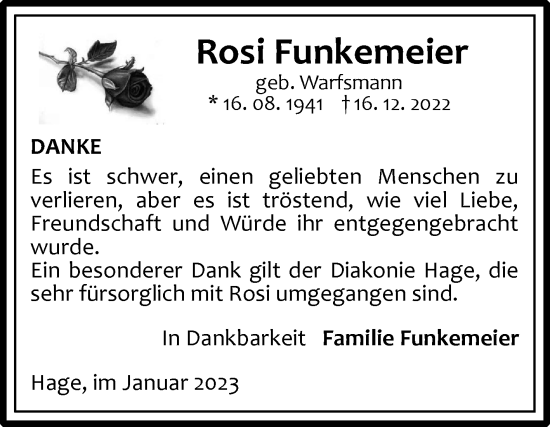Traueranzeige von Rosi Funkemeier 
