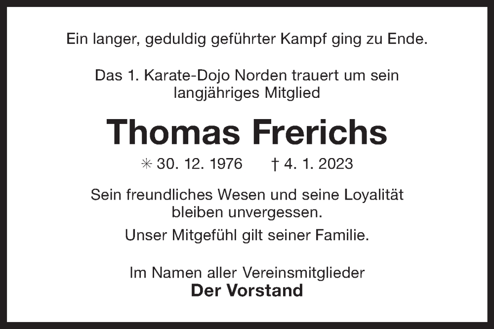  Traueranzeige für Thomas Frerichs vom 14.01.2023 aus 