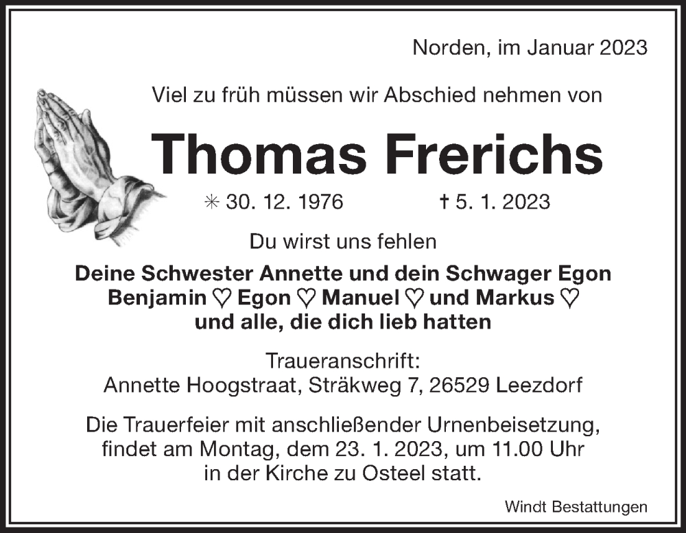  Traueranzeige für Thomas Frerichs vom 14.01.2023 aus 