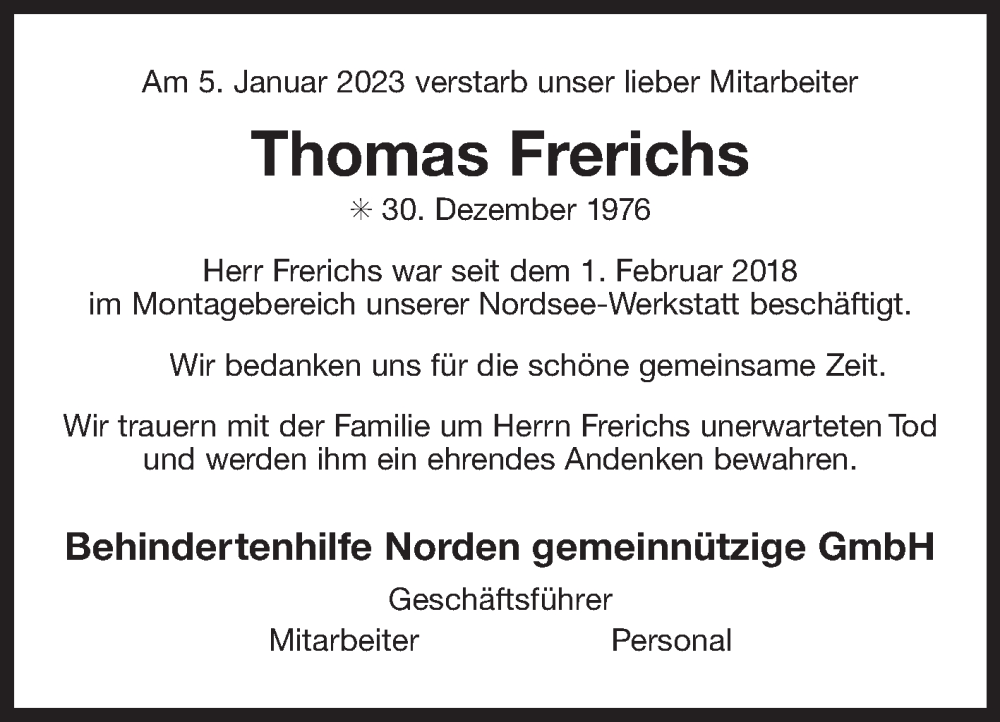  Traueranzeige für Thomas Frerichs vom 14.01.2023 aus 
