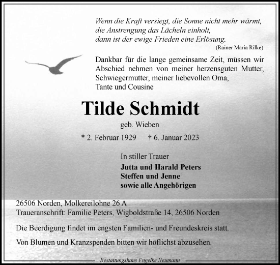 Traueranzeige von Tilde Schmidt 