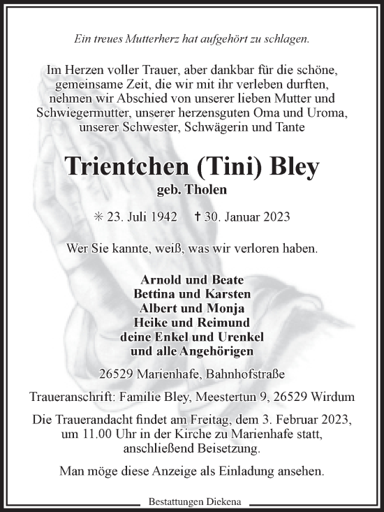 Traueranzeige von Trientchen Bley 