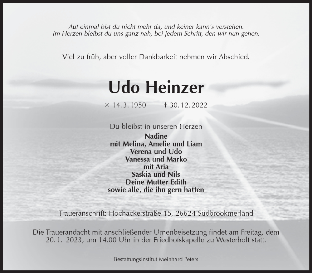  Traueranzeige für Udo Heinzer vom 14.01.2023 aus 