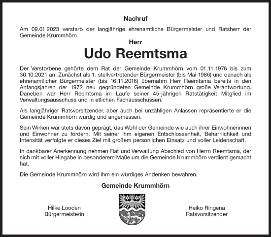 Traueranzeige von Udo Reemtsma 