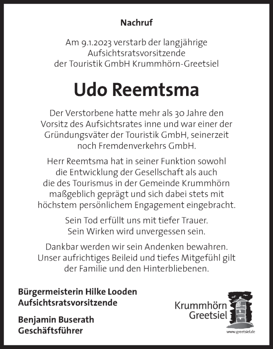 Traueranzeige von Udo Reemtsma 