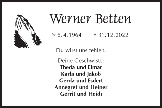 Traueranzeige von Werner Betten 