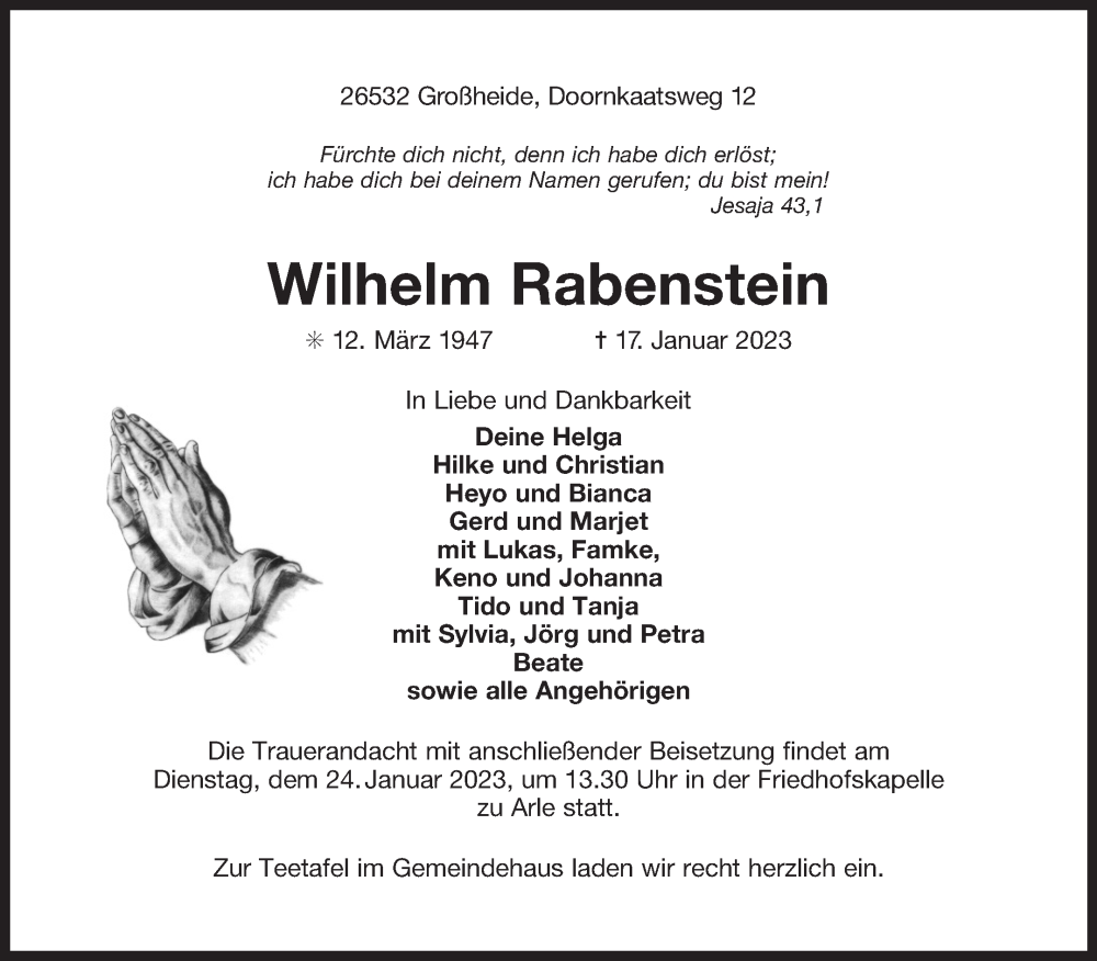  Traueranzeige für Wilhelm Rabenstein vom 21.01.2023 aus 