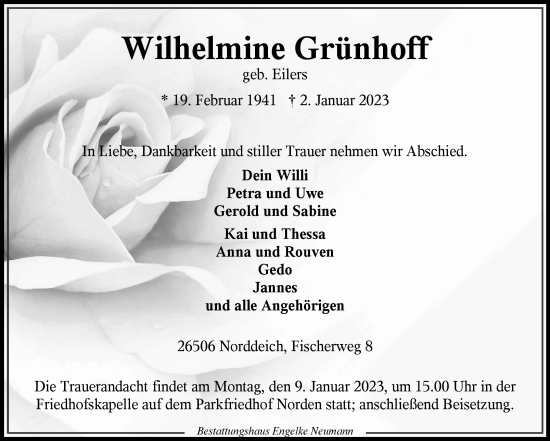 Traueranzeige von Wilhelmine Grünhoff 