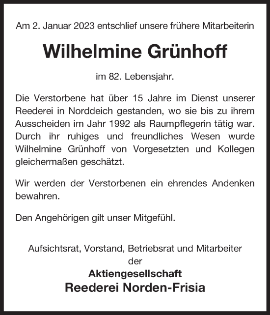 Traueranzeige von Wilhelmine Grünhoff 