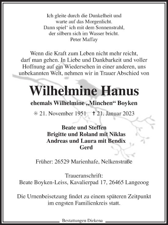 Traueranzeige von Wilhelmine Hanus 