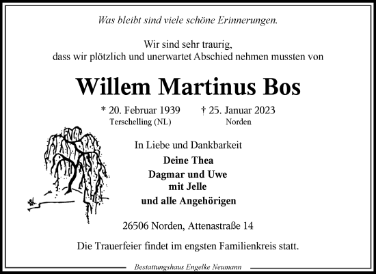 Traueranzeige von Willem Martinus Bos 
