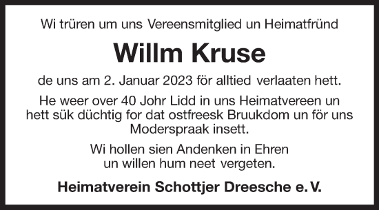 Traueranzeige von Willm Kruse 