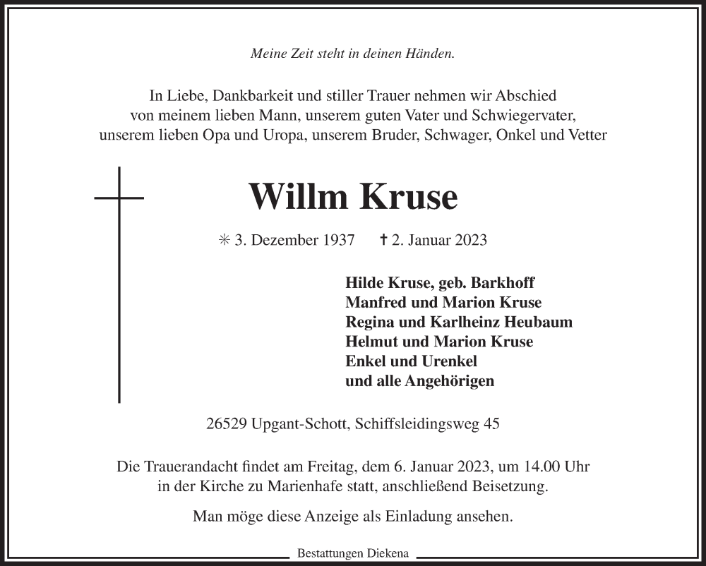  Traueranzeige für Willm Kruse vom 03.01.2023 aus 