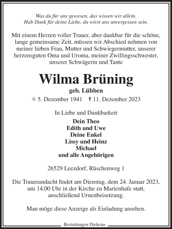 Traueranzeige von Wilma Brüning 