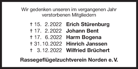 Traueranzeige von Wir gedenken Rassegeflügelzuchtverein Norden e. V. 