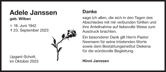 Traueranzeige von Adele Janssen von Ostfriesischer Kurier