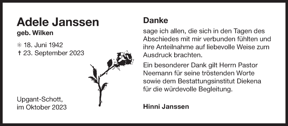  Traueranzeige für Adele Janssen vom 28.10.2023 aus Ostfriesischer Kurier