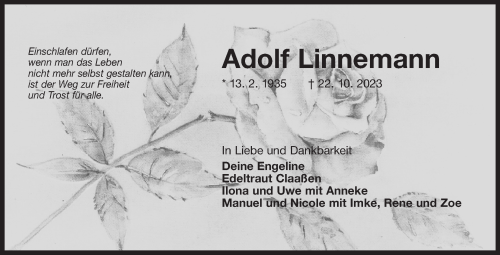  Traueranzeige für Adolf Linnemann vom 26.10.2023 aus Ostfriesischer Kurier