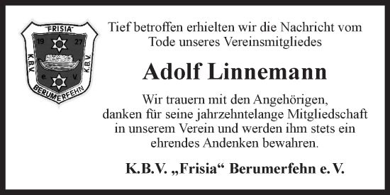 Traueranzeige von Adolf Linnemann von Ostfriesischer Kurier