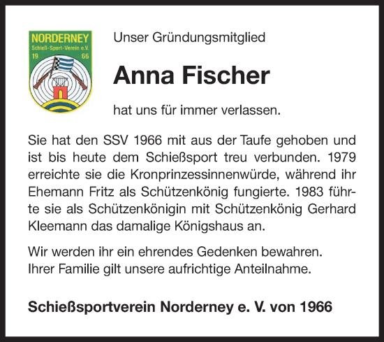 Traueranzeige von Anna Fischer von Ostfriesischer Kurier