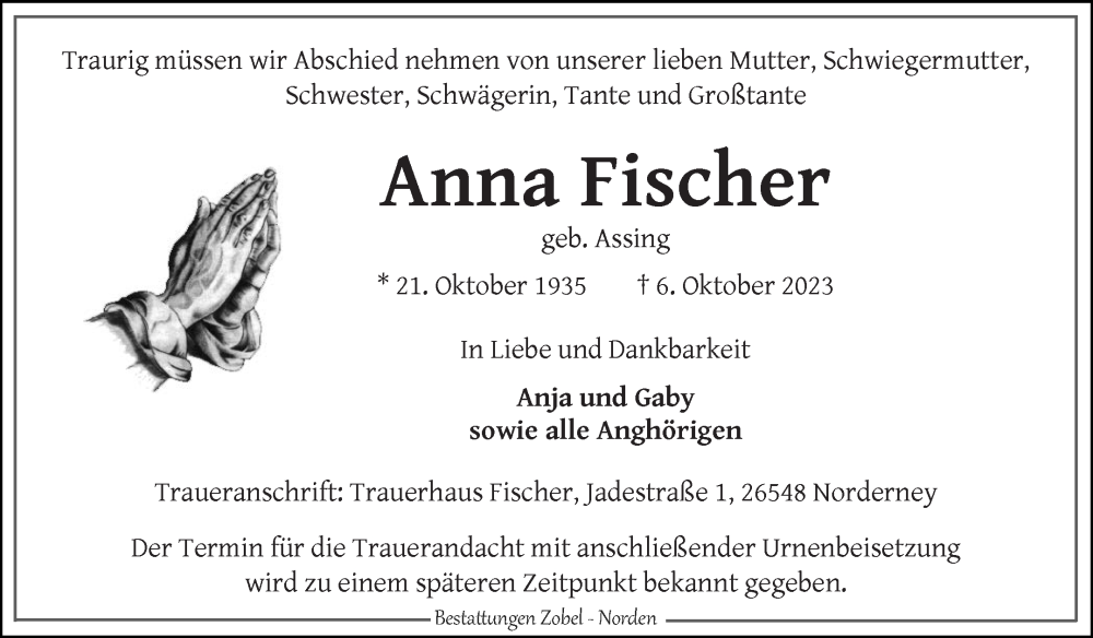  Traueranzeige für Anna Fischer vom 10.10.2023 aus Ostfriesischer Kurier
