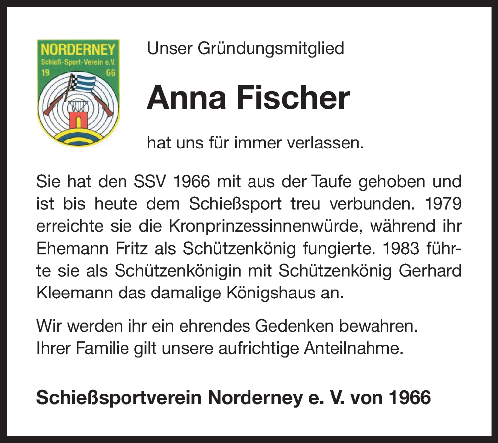  Traueranzeige für Anna Fischer vom 13.10.2023 aus Ostfriesischer Kurier