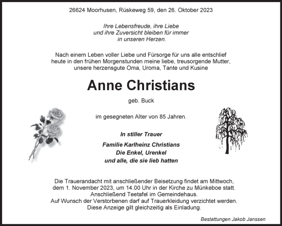 Traueranzeige von Anne Christians von Ostfriesischer Kurier