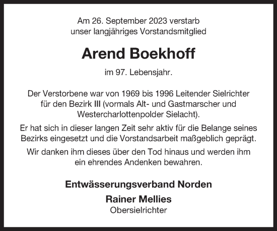Traueranzeige von Arend Boekhoff von Ostfriesischer Kurier